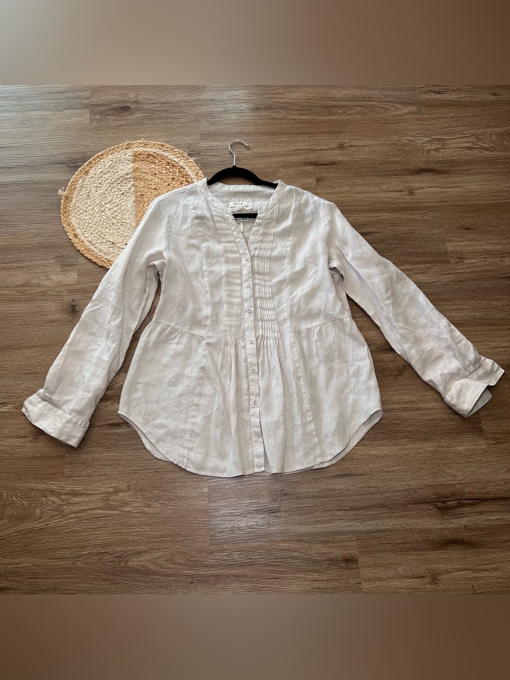 MALVIN I LOVE LINEN Womens White Long Sleeve Pleated Front Linen Blouse